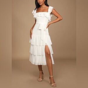 Lulus Dear To My Heart White Swiss Dot Tiered Ruffled Midi Dress
